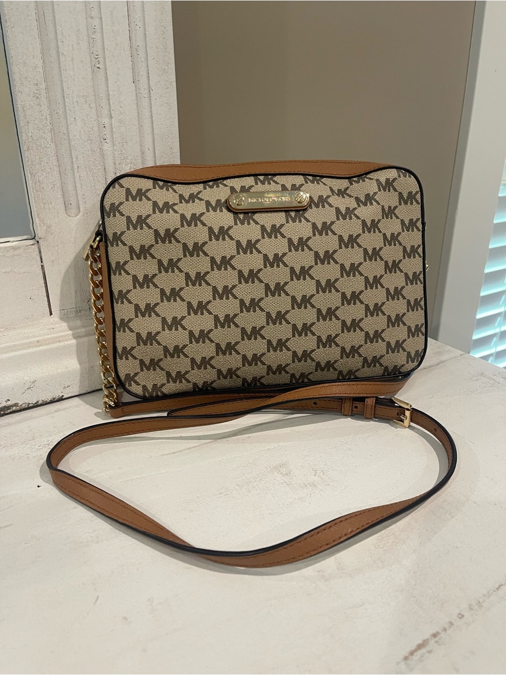 Michael Kors Tan/Brown MK Logo Crossbody with Gold Hardware